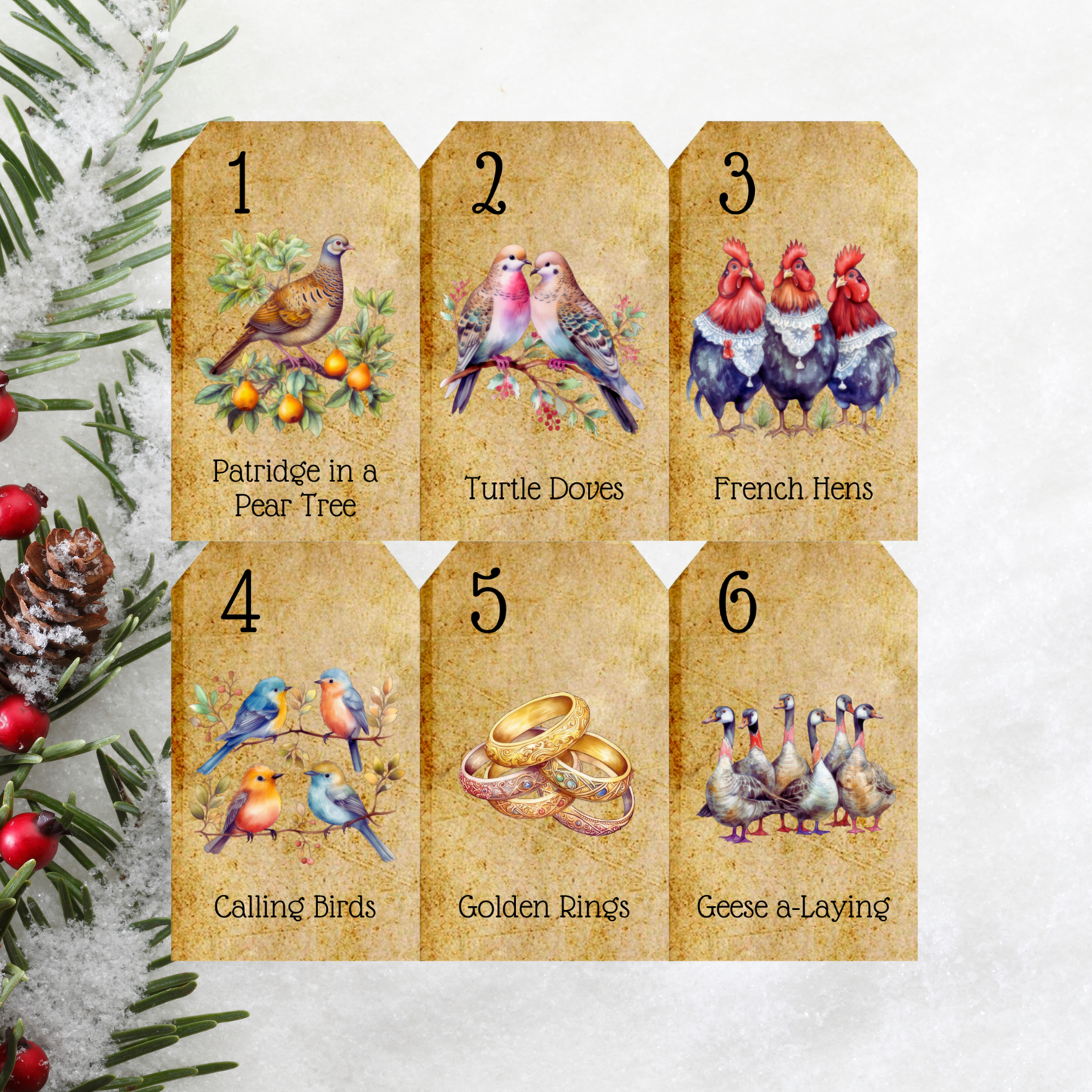 Printable 12 Days of Christmas gift tags featuring classic holiday illustrations.