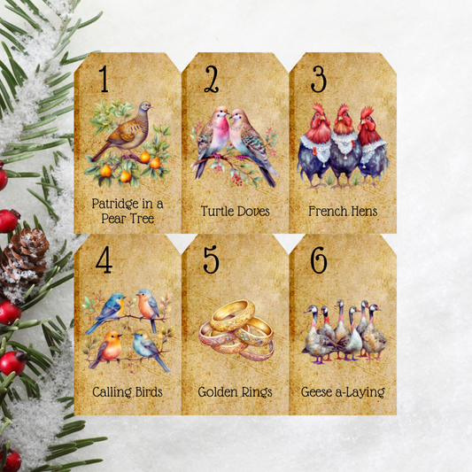 Printable 12 Days of Christmas gift tags featuring classic holiday illustrations.
