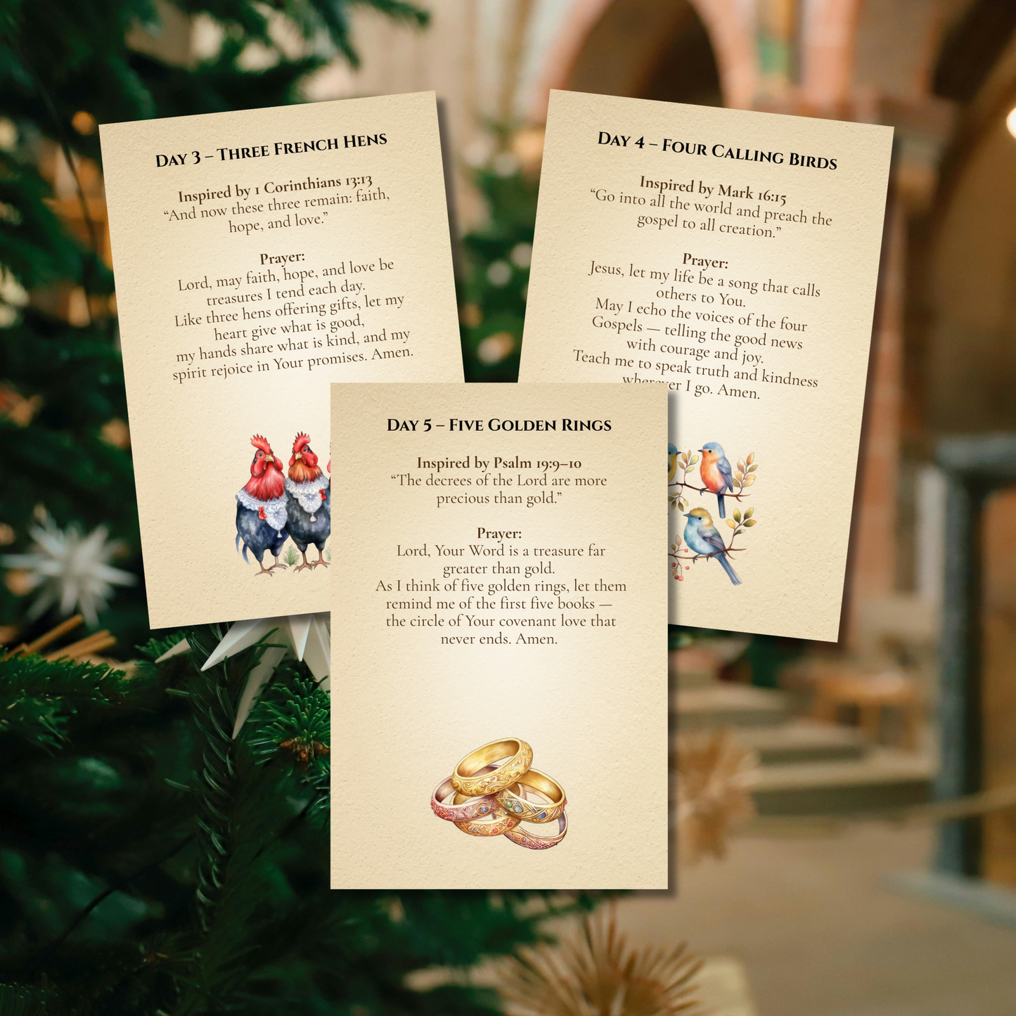 Printable 12 Days of Christmas Prayer Cards featuring daily Christian prayers and Scripture.