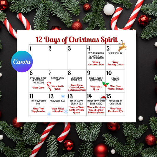 12 Days of Christmas Spirit Week Calendar | Editable Canva Template | Holiday Dress Up Days School Work Calendar Printable 8.5x11