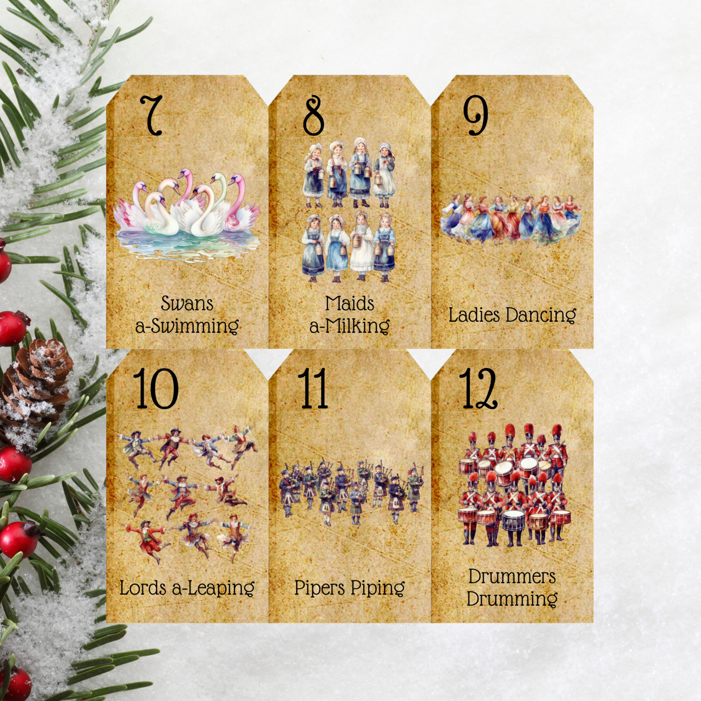Christmas countdown gift tags for the Twelve Days of Christmas tradition.