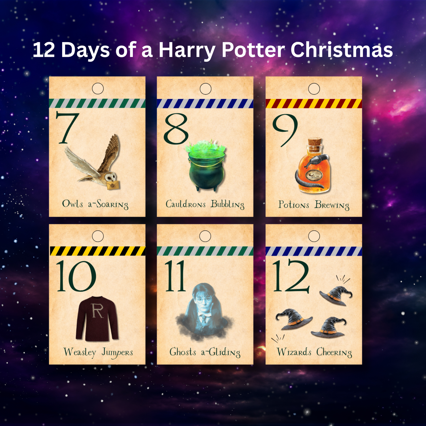 Printable 12 Days of Wizard Christmas gift tags with magical themed illustrations.