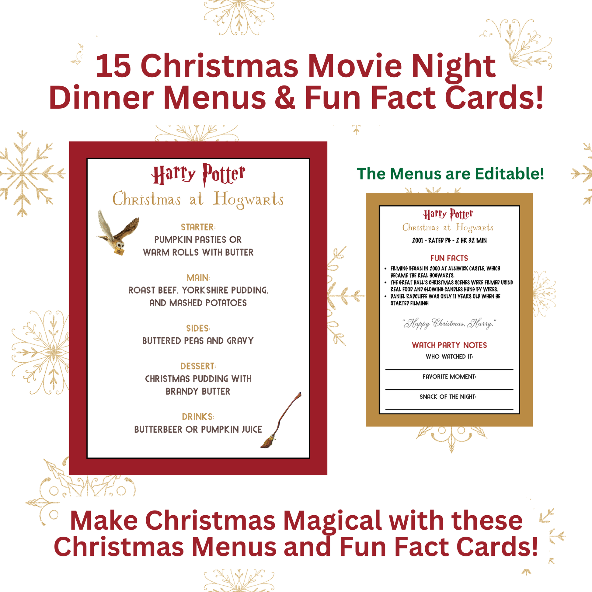 Christmas Movie Night Dinner Menus and Fun Fact Cards bundle featuring 15 holiday movie themes.