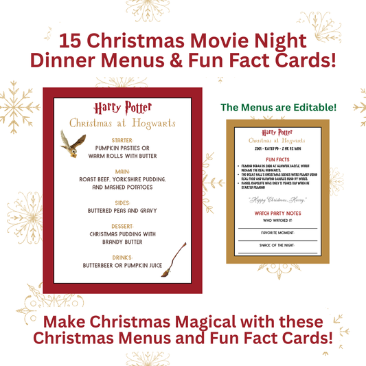 Christmas Movie Night Dinner Menus and Fun Fact Cards bundle featuring 15 holiday movie themes.