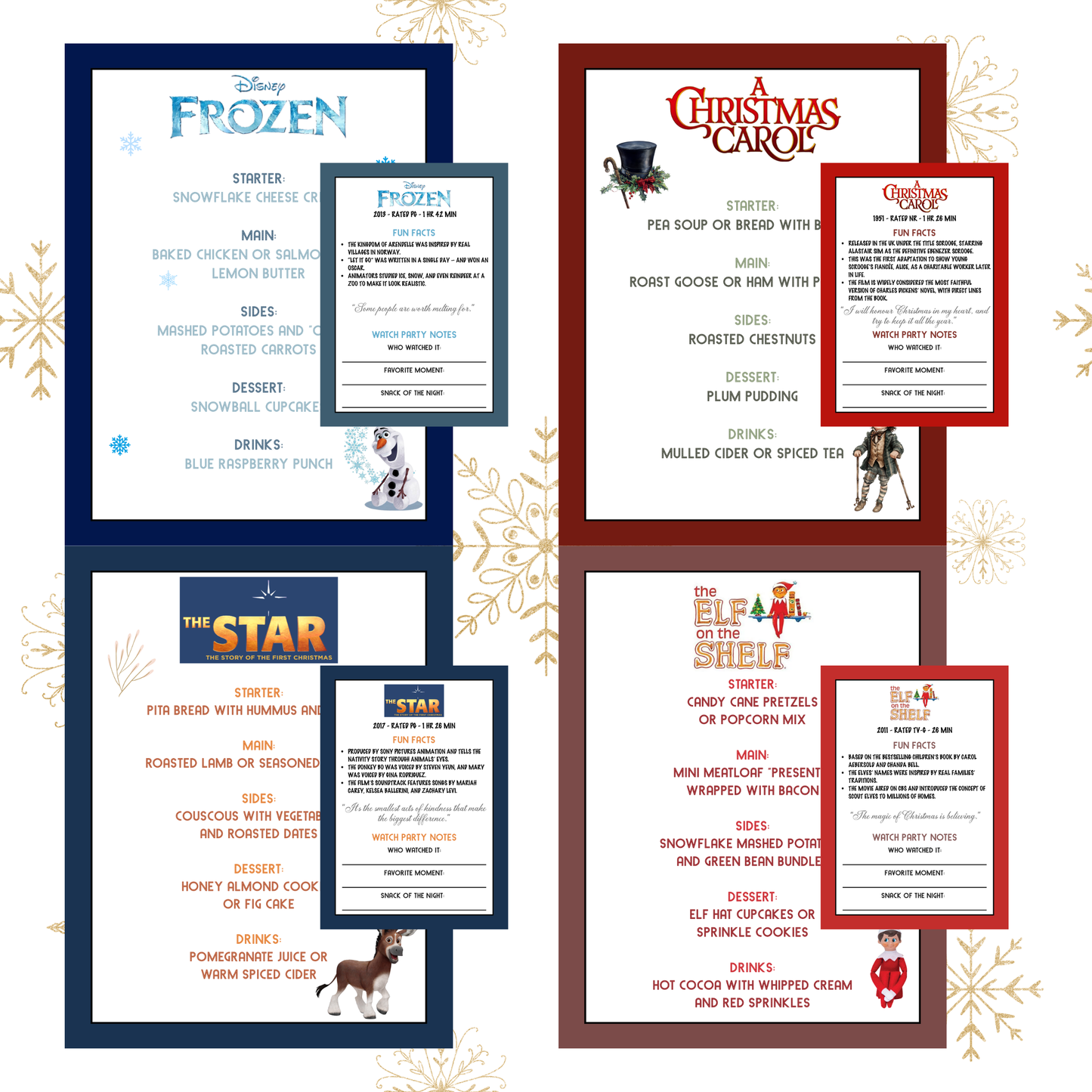 Editable Canva Christmas movie dinner menus with matching printable movie fun fact cards.