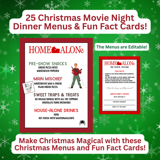 Christmas Movie Night Dinner Menus and Fun Fact Cards bundle featuring 25 holiday movie themes.