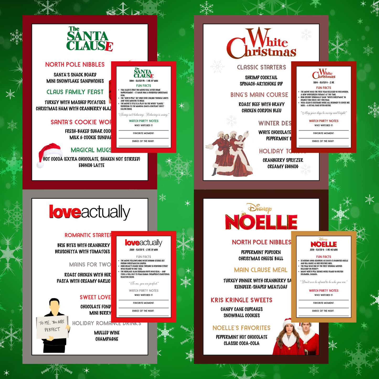 Editable Canva Christmas movie dinner menus with printable movie fun fact cards.
