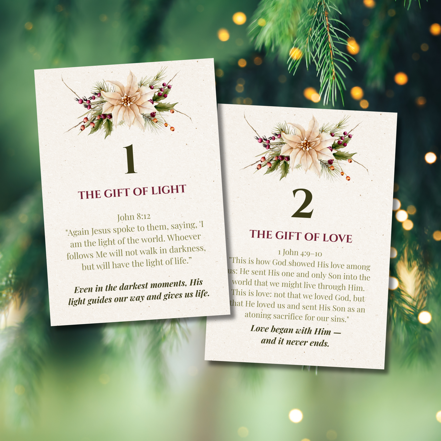 Printable 25 Gifts from Jesus Countdown Cards featuring daily Christian encouragement for Christmas.