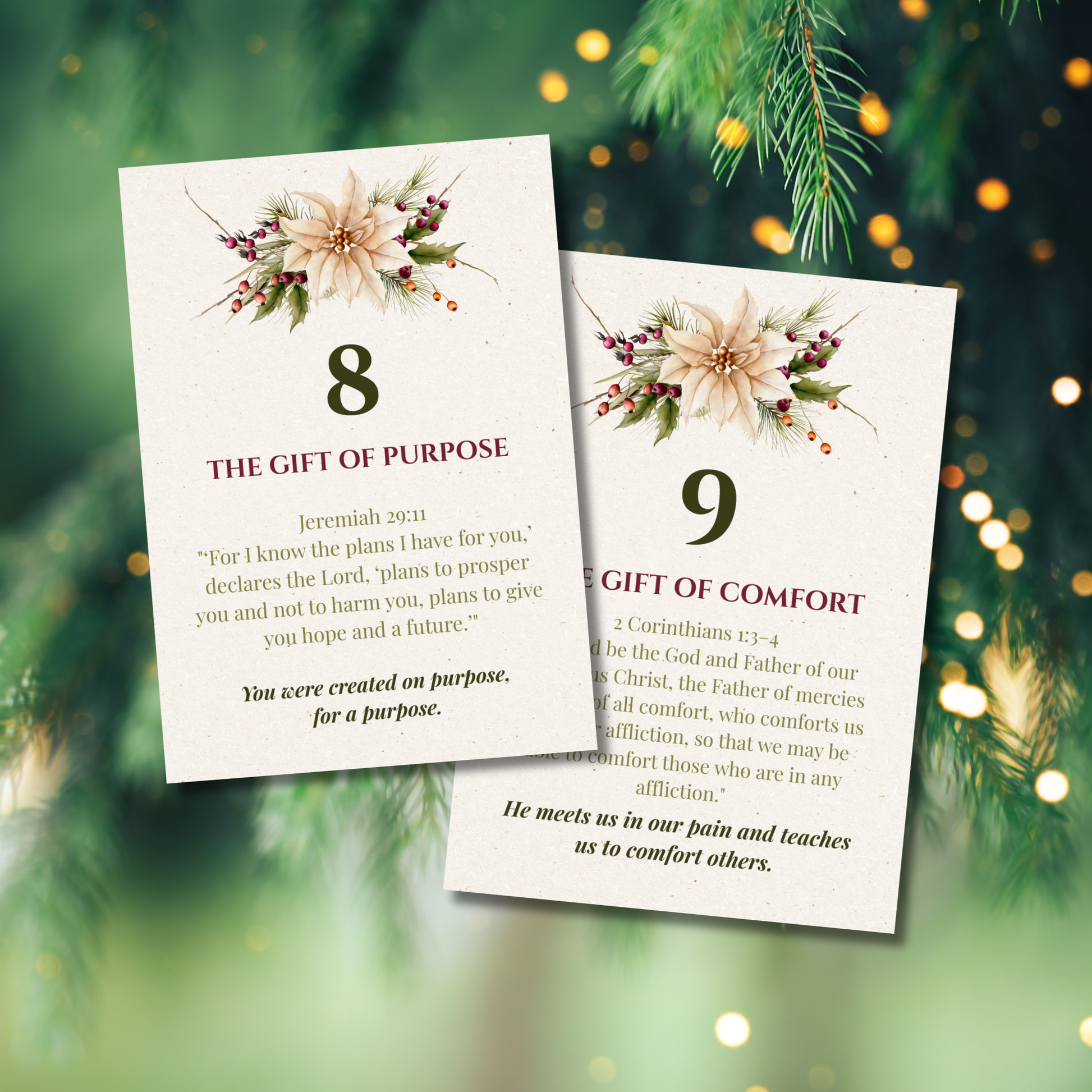 Christian Christmas countdown cards with Scripture and faith-filled daily reminders.