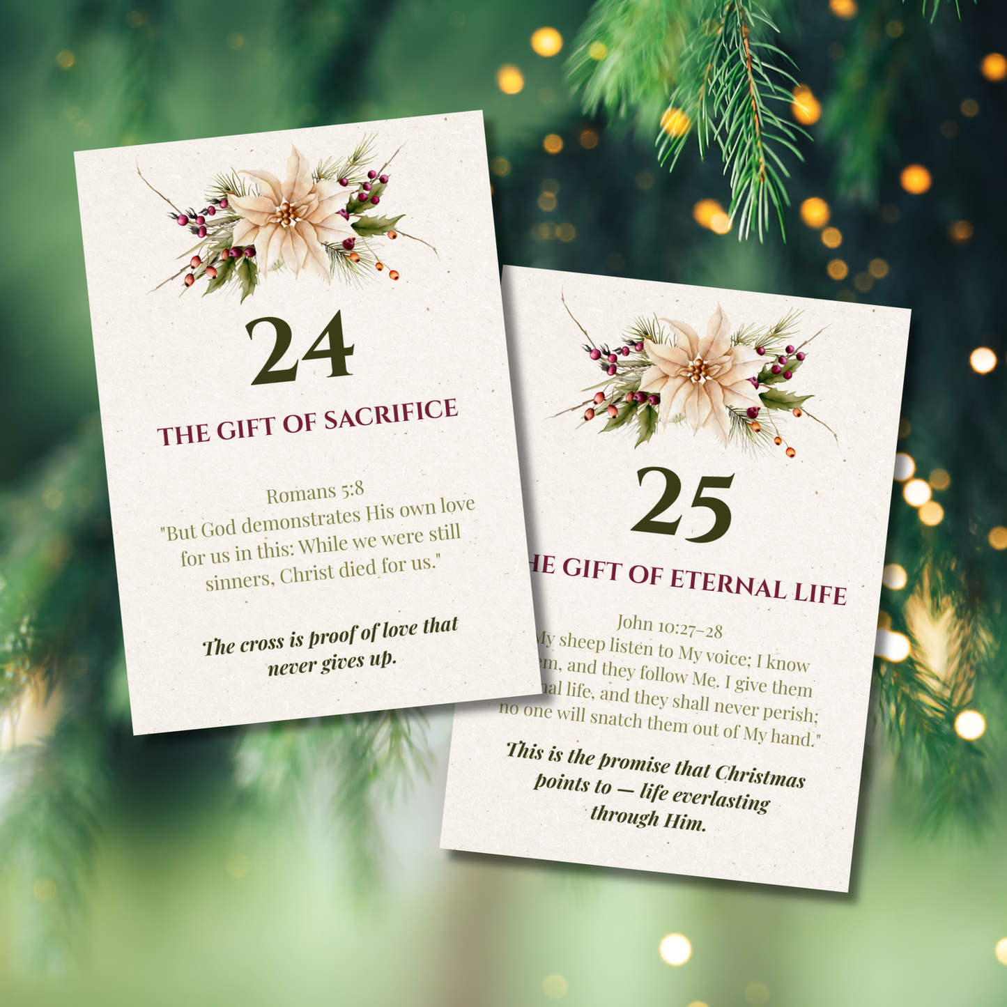 25 Gifts from Jesus printable countdown cards with title card, instructions, and closing card.