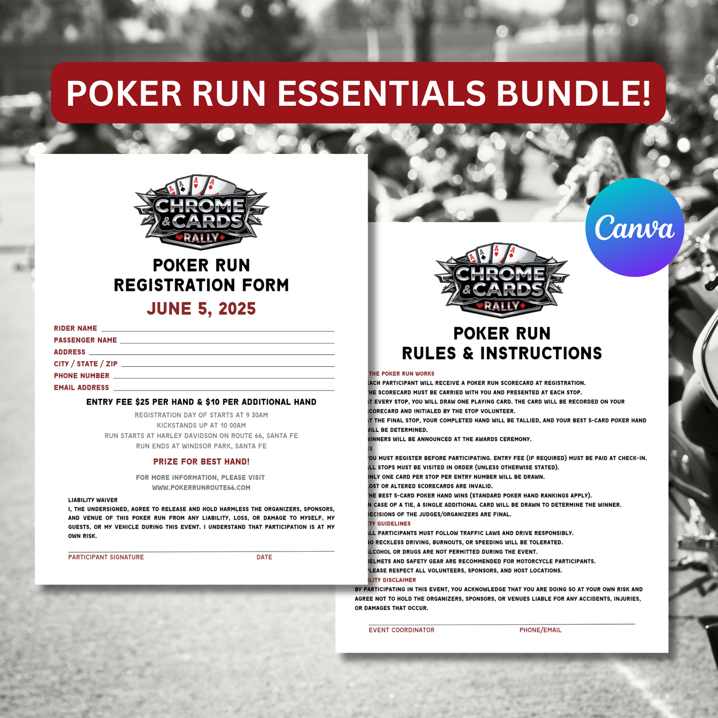 Poker Run Essentials Bundle Kit | Editable Scorecards, Route Sheets, Registration Forms & Event Templates