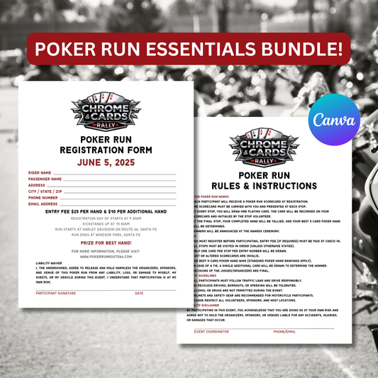 Poker Run Essentials Bundle Kit | Editable Scorecards, Route Sheets, Registration Forms & Event Templates