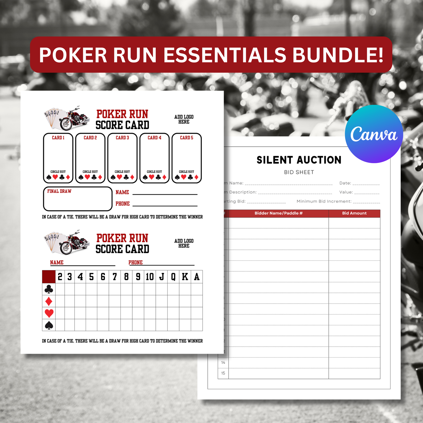 Poker Run Essentials Bundle Kit | Editable Scorecards, Route Sheets, Registration Forms & Event Templates