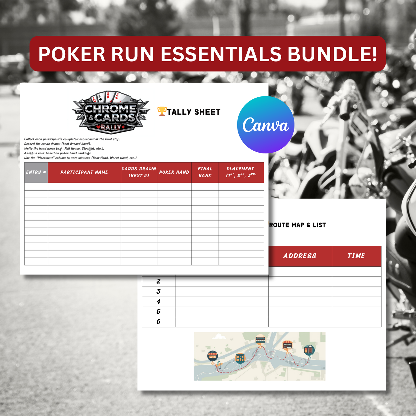 Poker Run Essentials Bundle Kit | Editable Scorecards, Route Sheets, Registration Forms & Event Templates