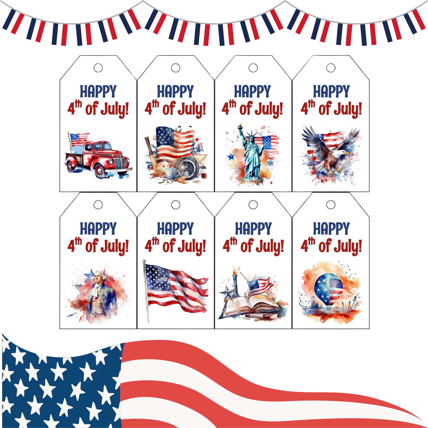 Decorative tags for 4th of July with patriotic graphics and 'Happy 4th of July!' text.