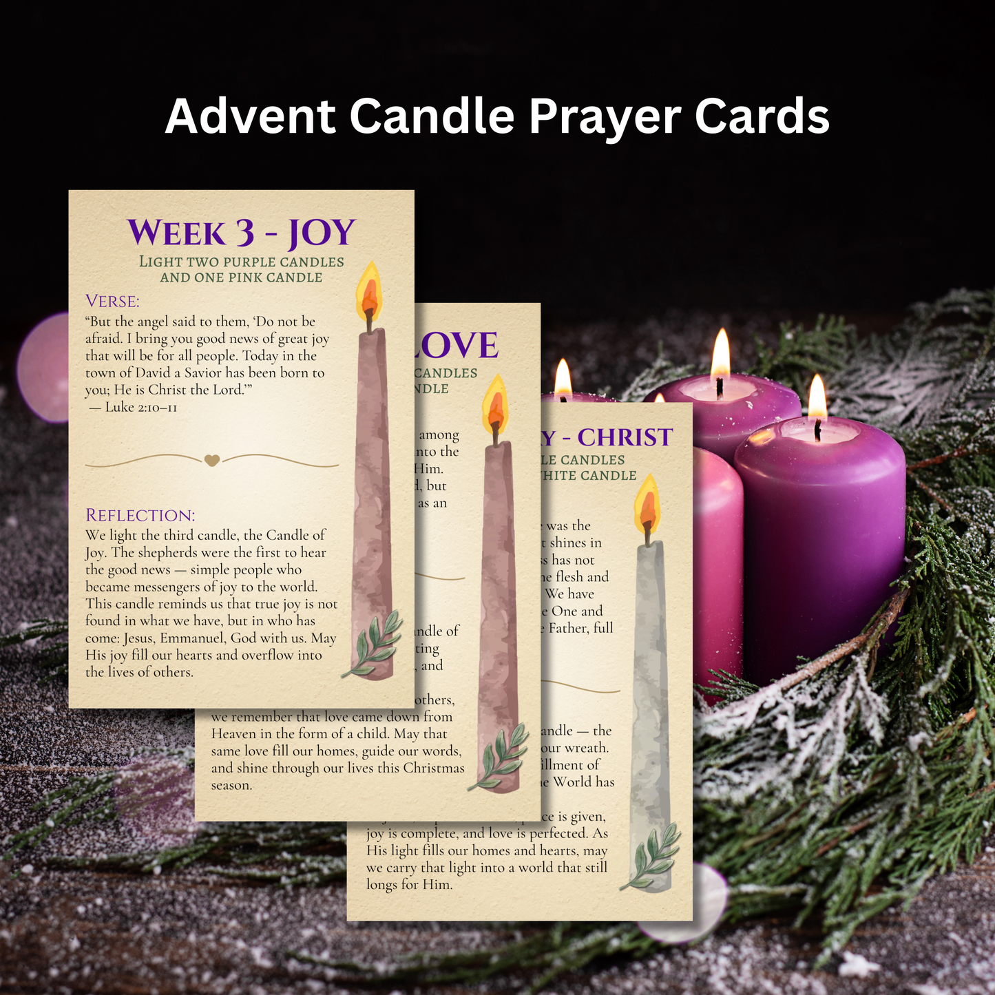 Christian Advent devotional cards for Hope, Peace, Joy, and Love.