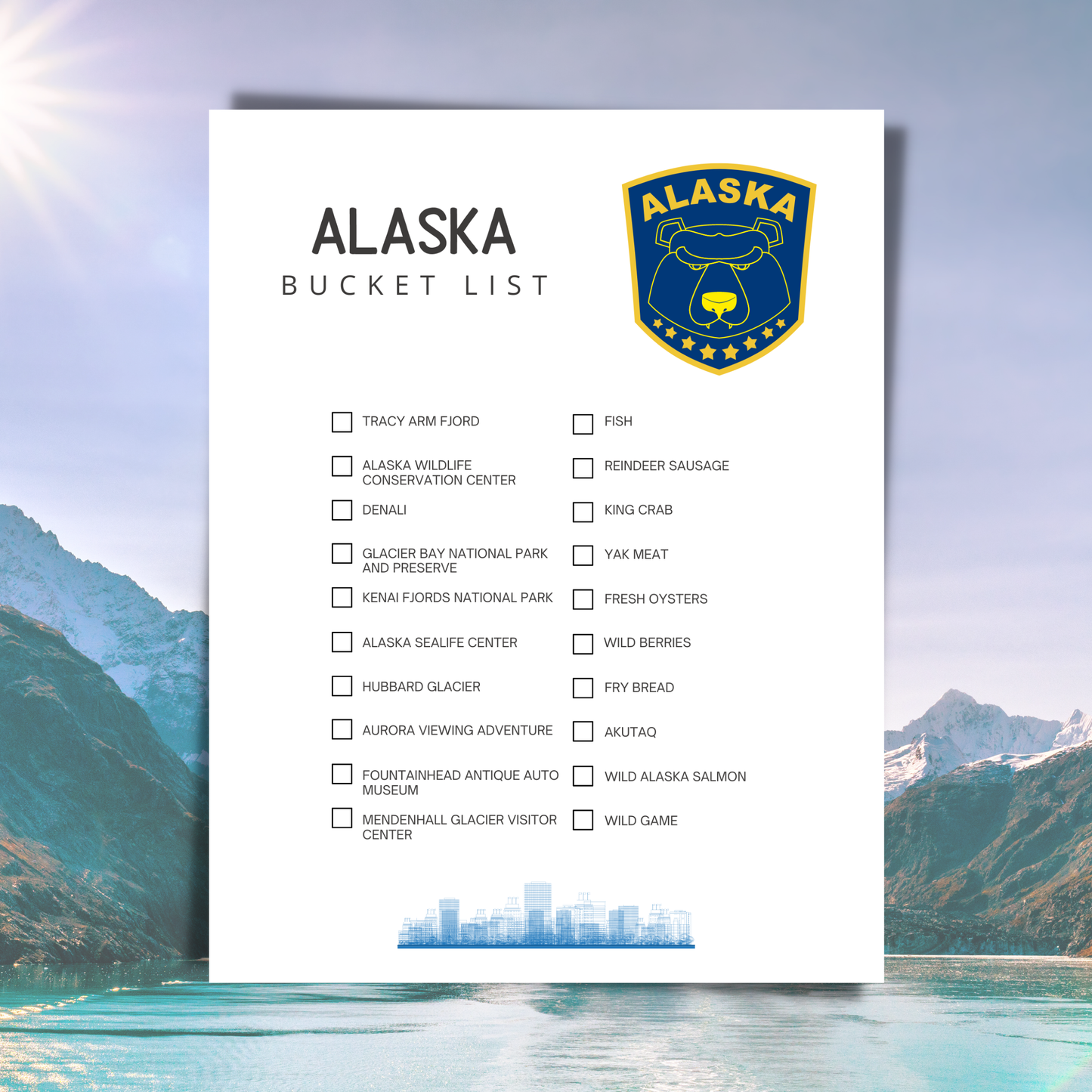 Alaska bucket list poster with scenic mountains in the background