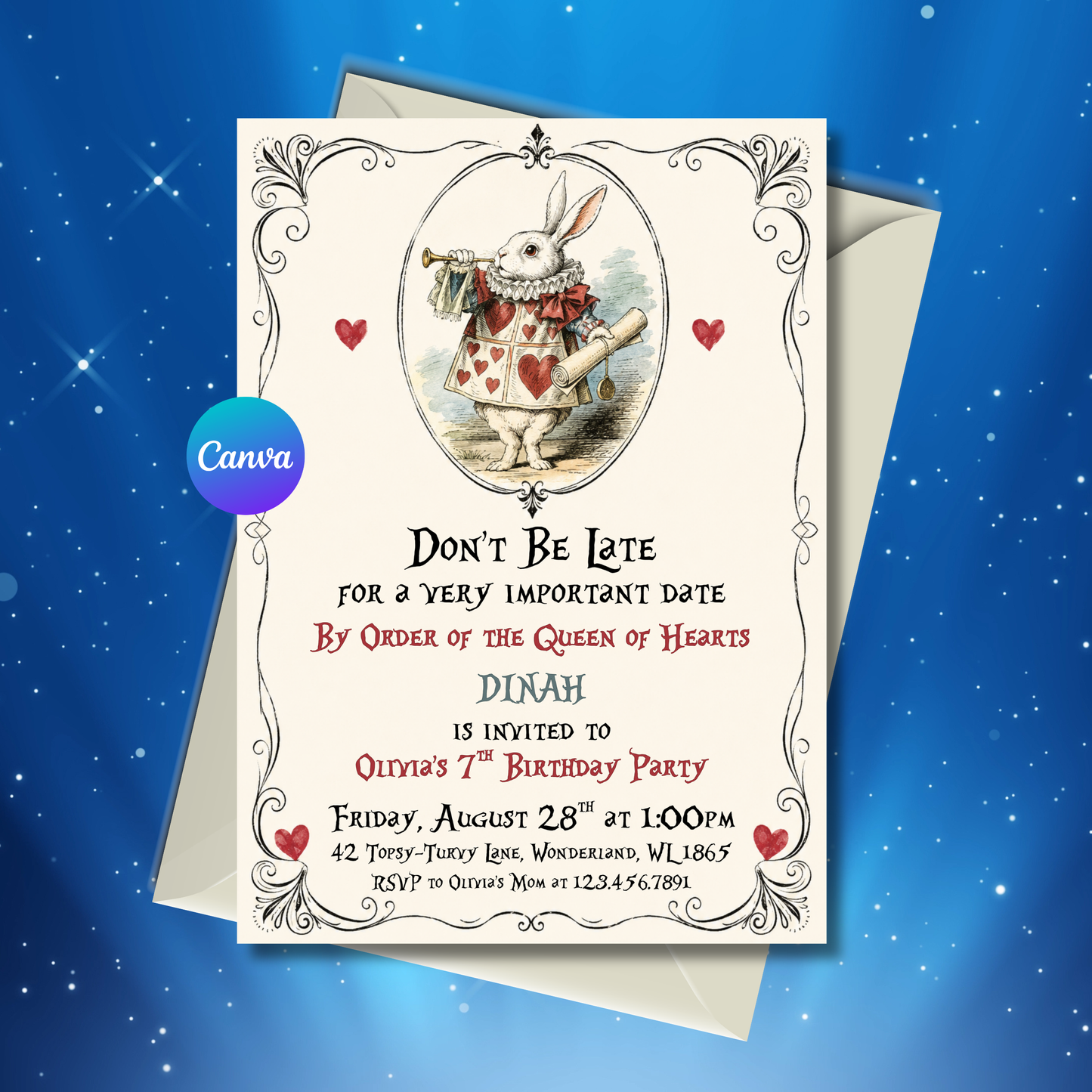 Alice in Wonderland birthday invitation editable 5x7 Canva template with vintage White Rabbit and red hearts