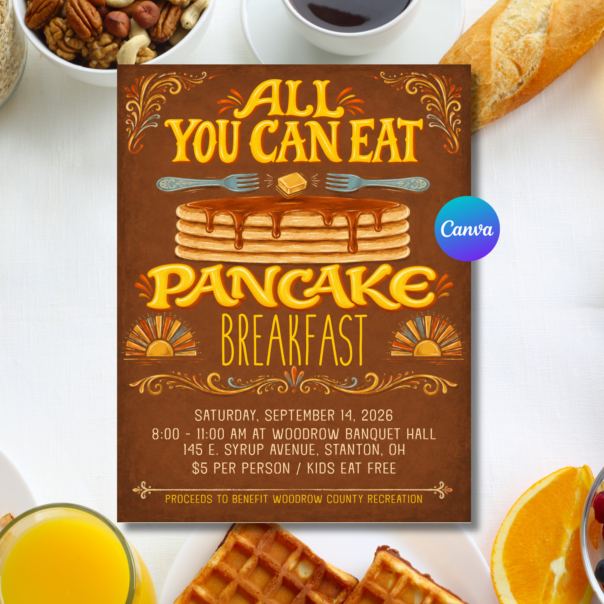 Retro pancake breakfast fundraiser flyer template with vintage pancake and syrup design
