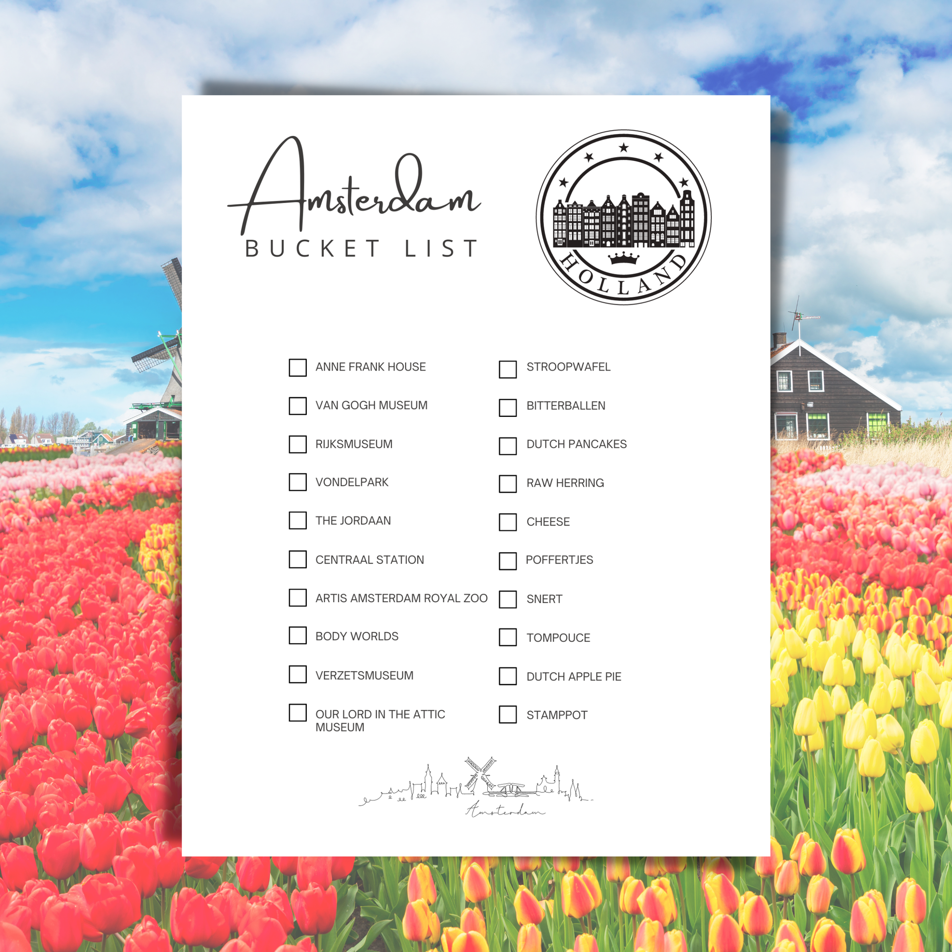 Amsterdam bucket list with tulip field and skyline in the background