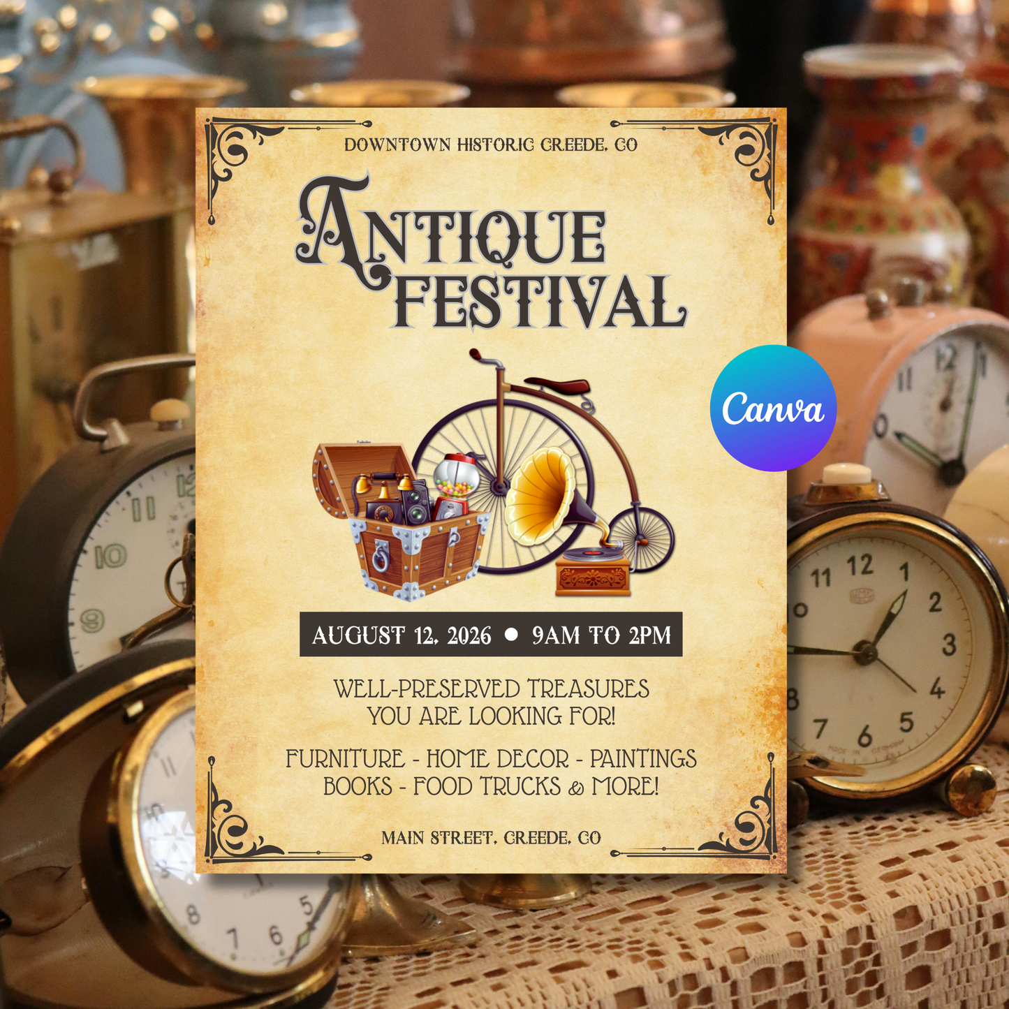 Antique Festival Flyer Template | Vintage Market Poster | Flea Market Event Flyer | Editable Canva Printable