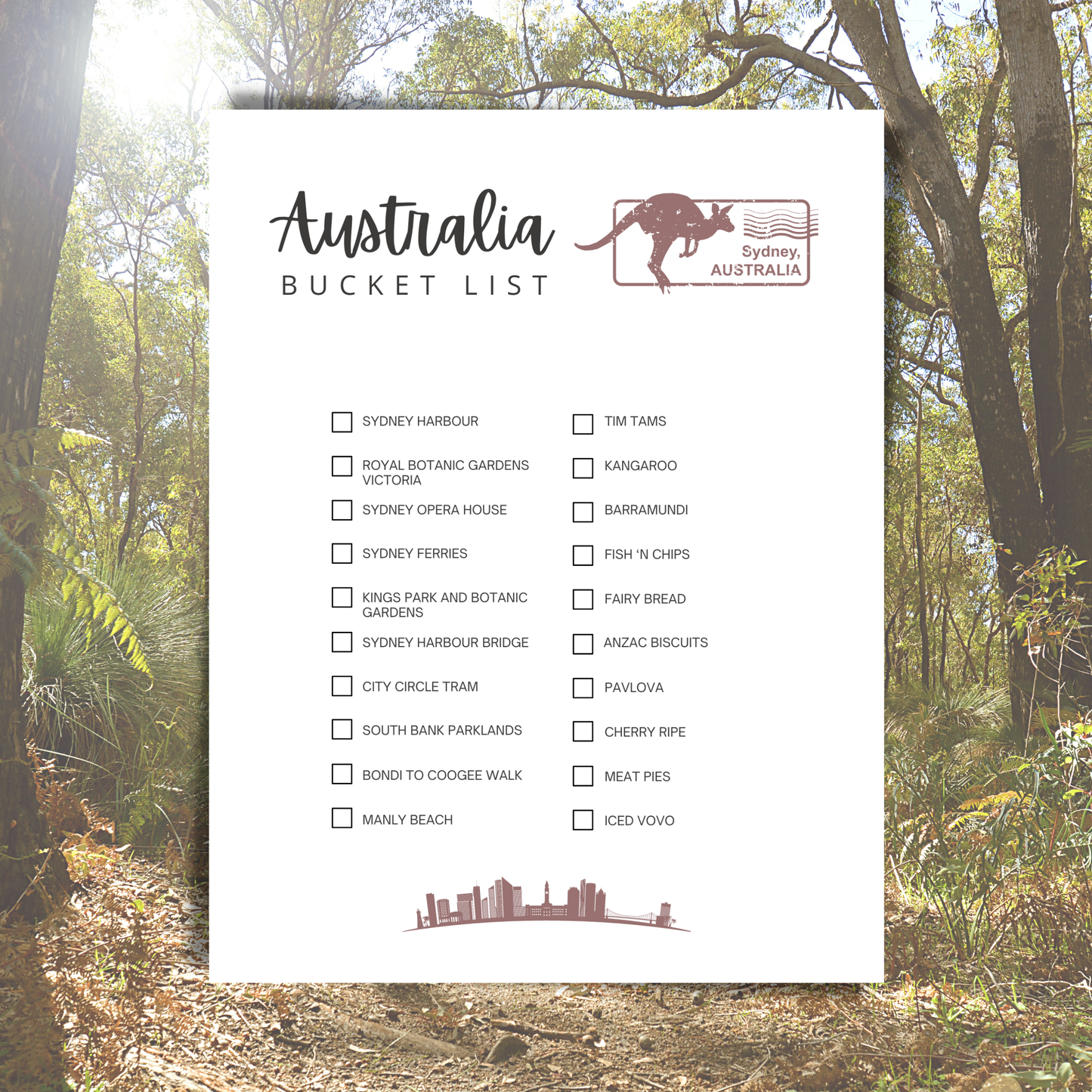 Australia Travel Bucket List Printable | Places to Visit & Foods to Try | Australia Trip Planner Page | Instant Download 8.5x11