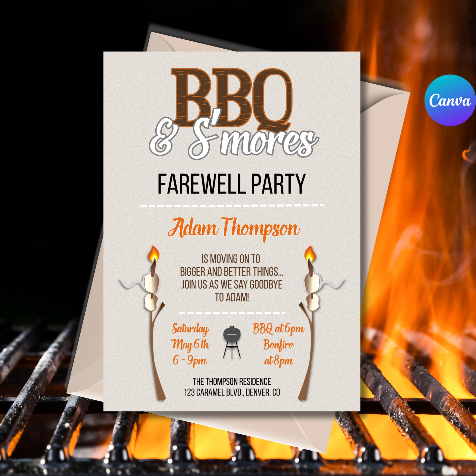 Invitation card for a BBQ & S'mores farewell party with flames in the background