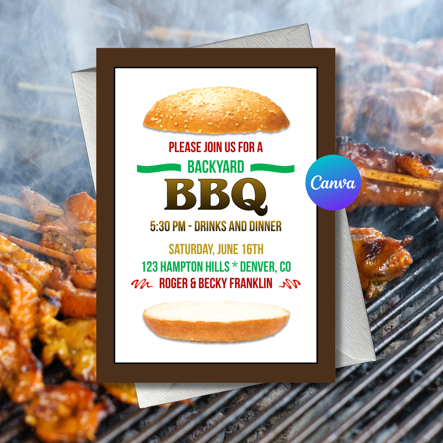 Backyard BBQ Invitation Template | Editable Summer Cookout Invite | 5x7 Canva Invitation Instant Download