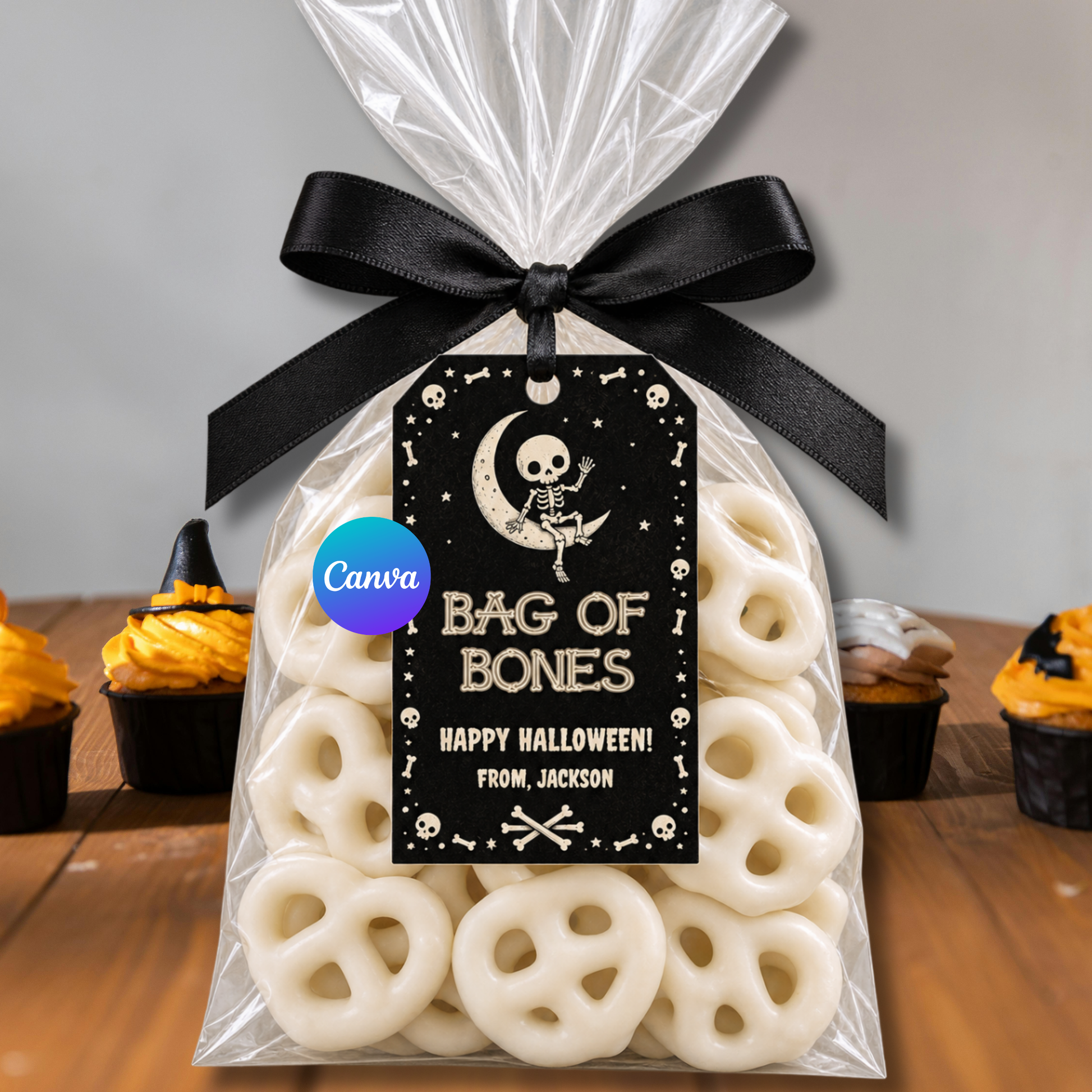 Bag of Bones Halloween treat tag with skeleton sitting on crescent moon