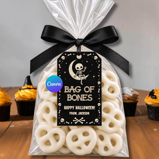 Bag of Bones Halloween treat tag with skeleton sitting on crescent moon