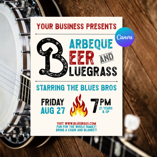 Barbecue Beer & Bluegrass Flyer Template | Editable BBQ Festival Event Flyer | 8.5x11 Canva Template Instant Download