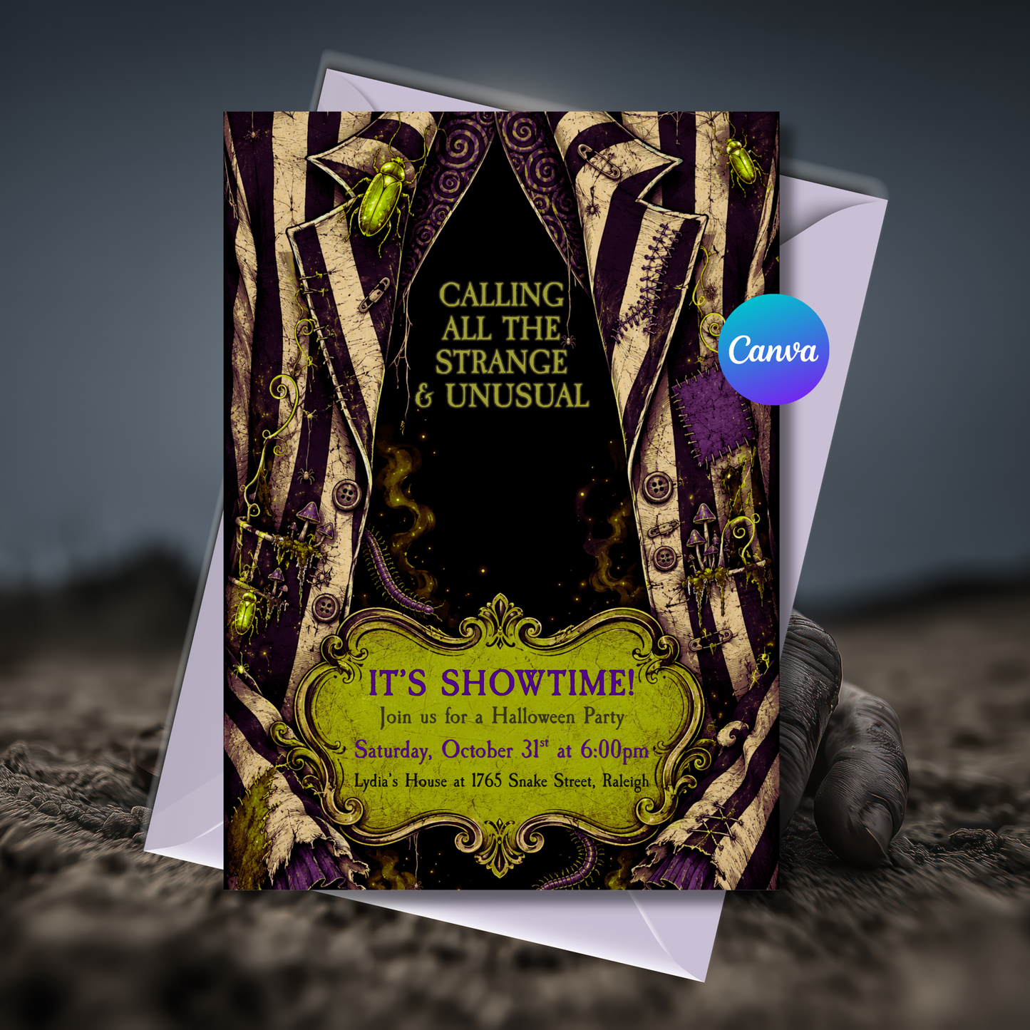 Beetlejuice Inspired Halloween Party Invitation Template | Editable Canva Invite