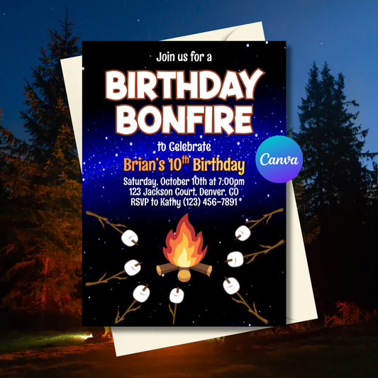 Birthday Bonfire Invitation Template 5x7 Editable | Campfire Birthday Party Invite | Outdoor Bonfire Party Invite | Rustic Birthday Invite | Canva Template