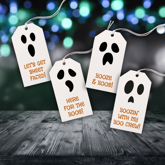 Printable funny Halloween ghost gift tags with four humorous designs reading "Let's Get Sheet Faced," "Booze & Boos," "Here for the Boos," and "Boozin' With My Boo Crew." Editable Canva template and instant digital download with 8 tags per page.