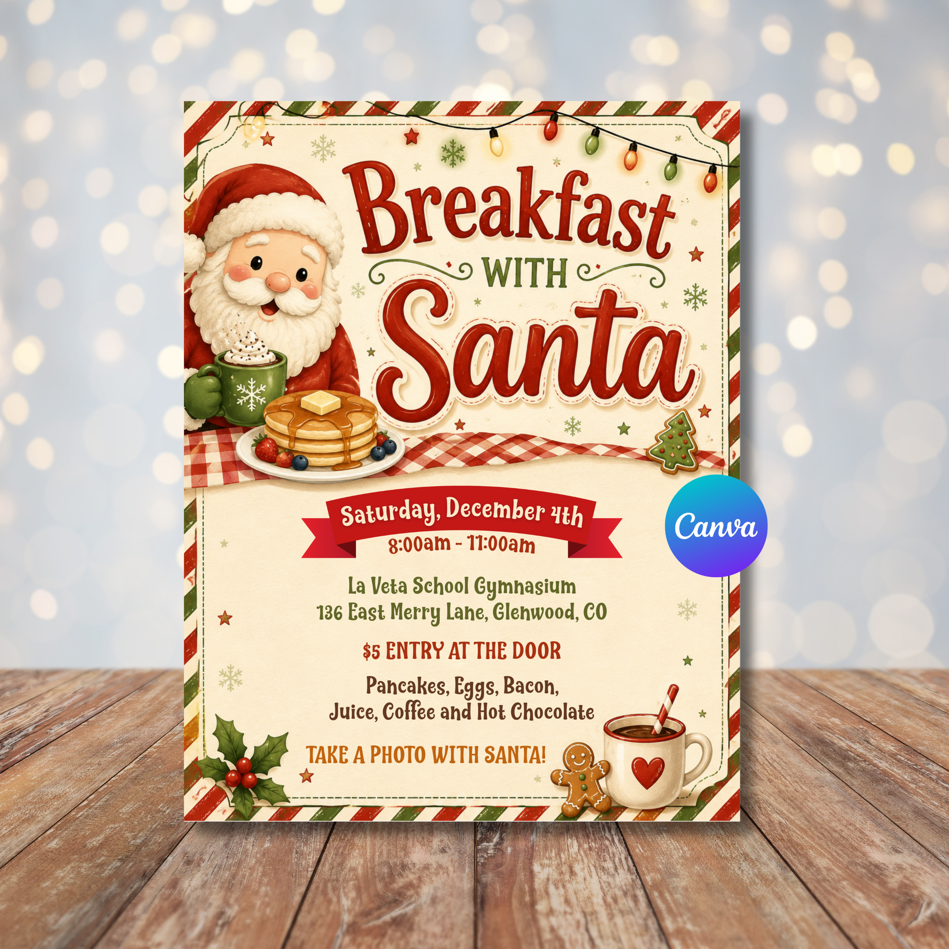 A festive Christmas-themed breakfast invitation card with Santa Claus illustrations, pancakes, a mug of hot cocoa, and event details, displayed on a wooden surface with a soft bokeh background. A blue circular Canva logo sticker is visible on the right side of the card.