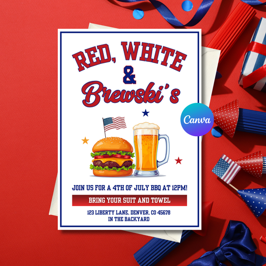 Red White & Brewskis Invitation Template | 4th of July BBQ Invite | Patriotic Party Invite | Editable Canva Printable