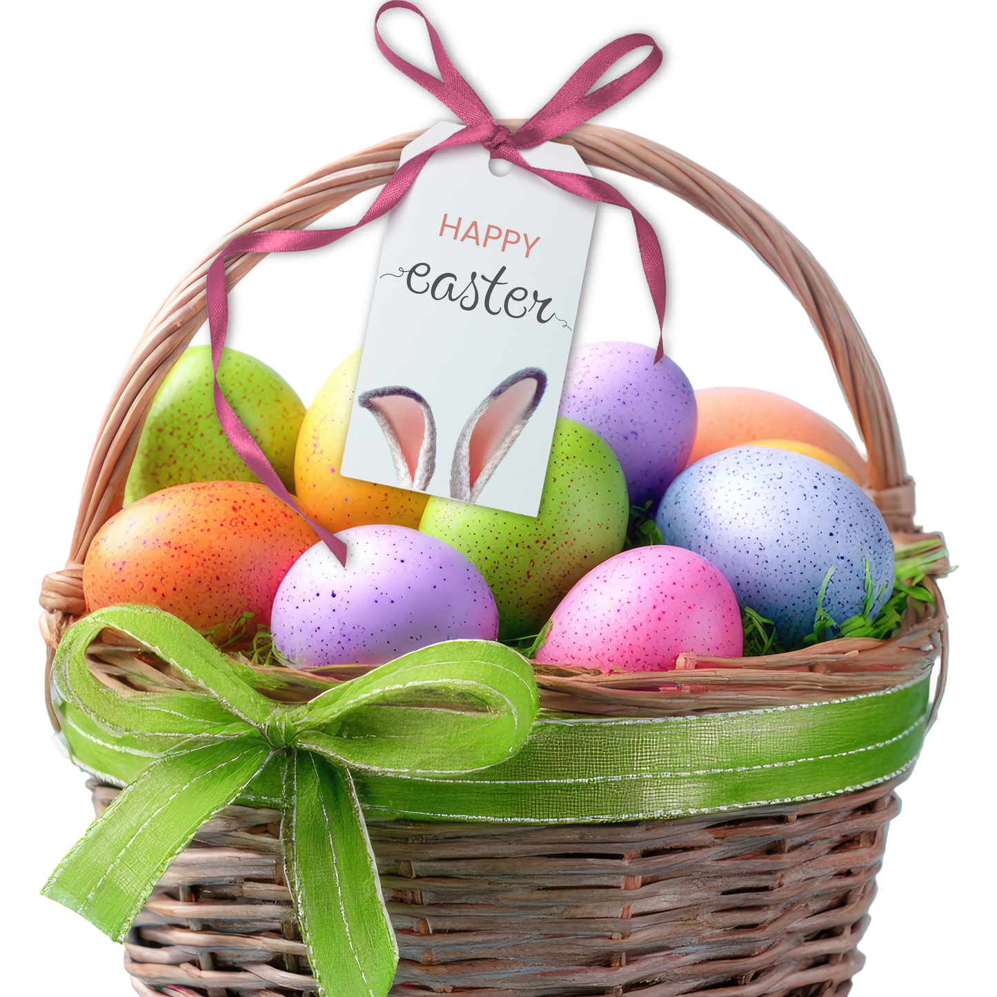 Easter basket with colorful eggs and a 'Happy Easter' tag on a white background