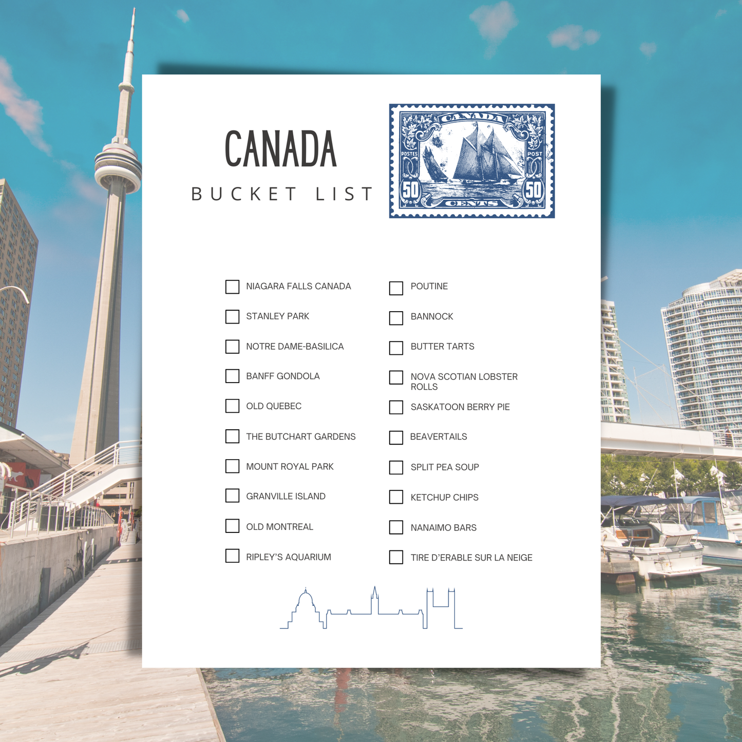 Canada bucket list with CN Tower and waterfront in the background