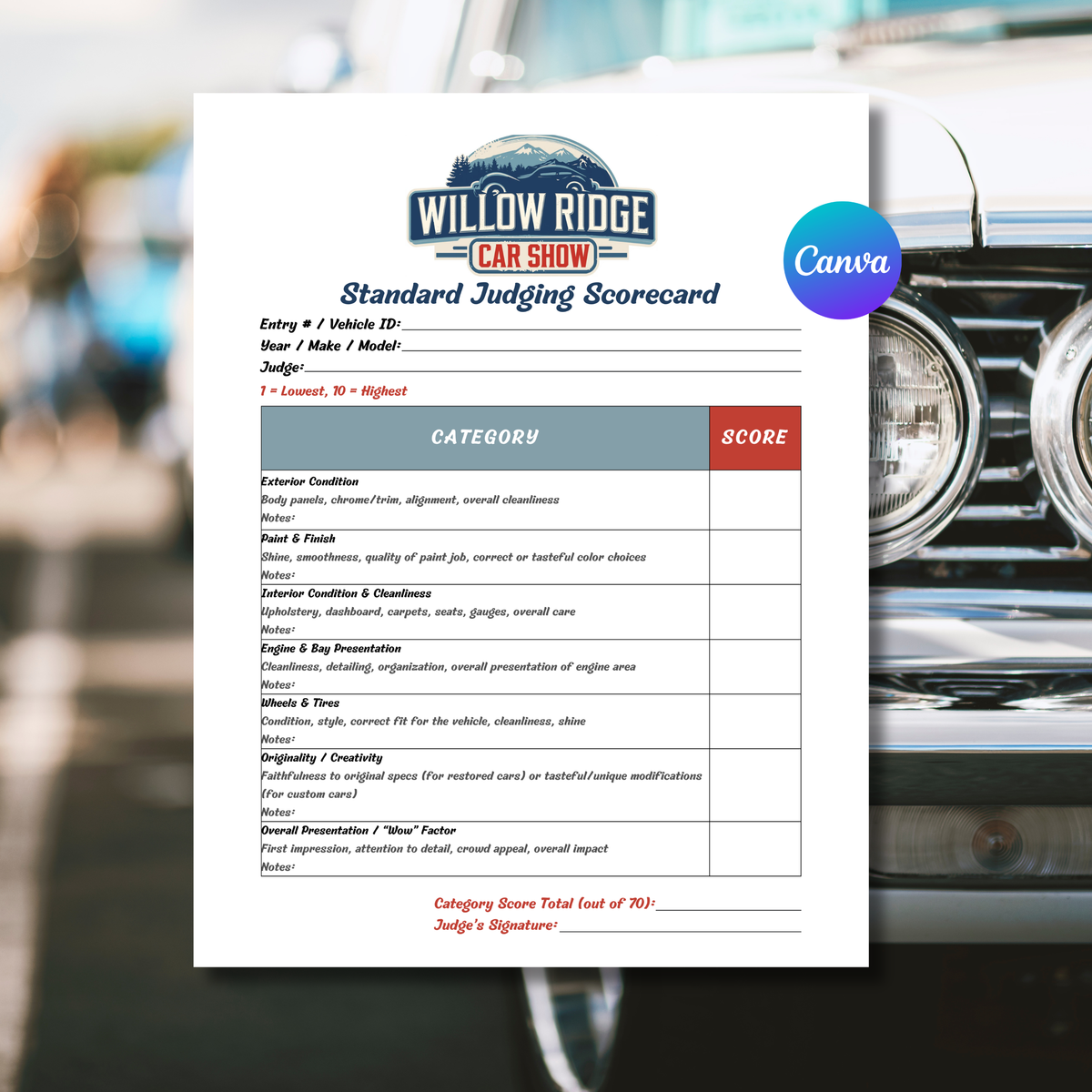 Both judging sheets side by side, with the heading “Car Show Judging Sheets” and a small “2 Editable Templates” subtitle.