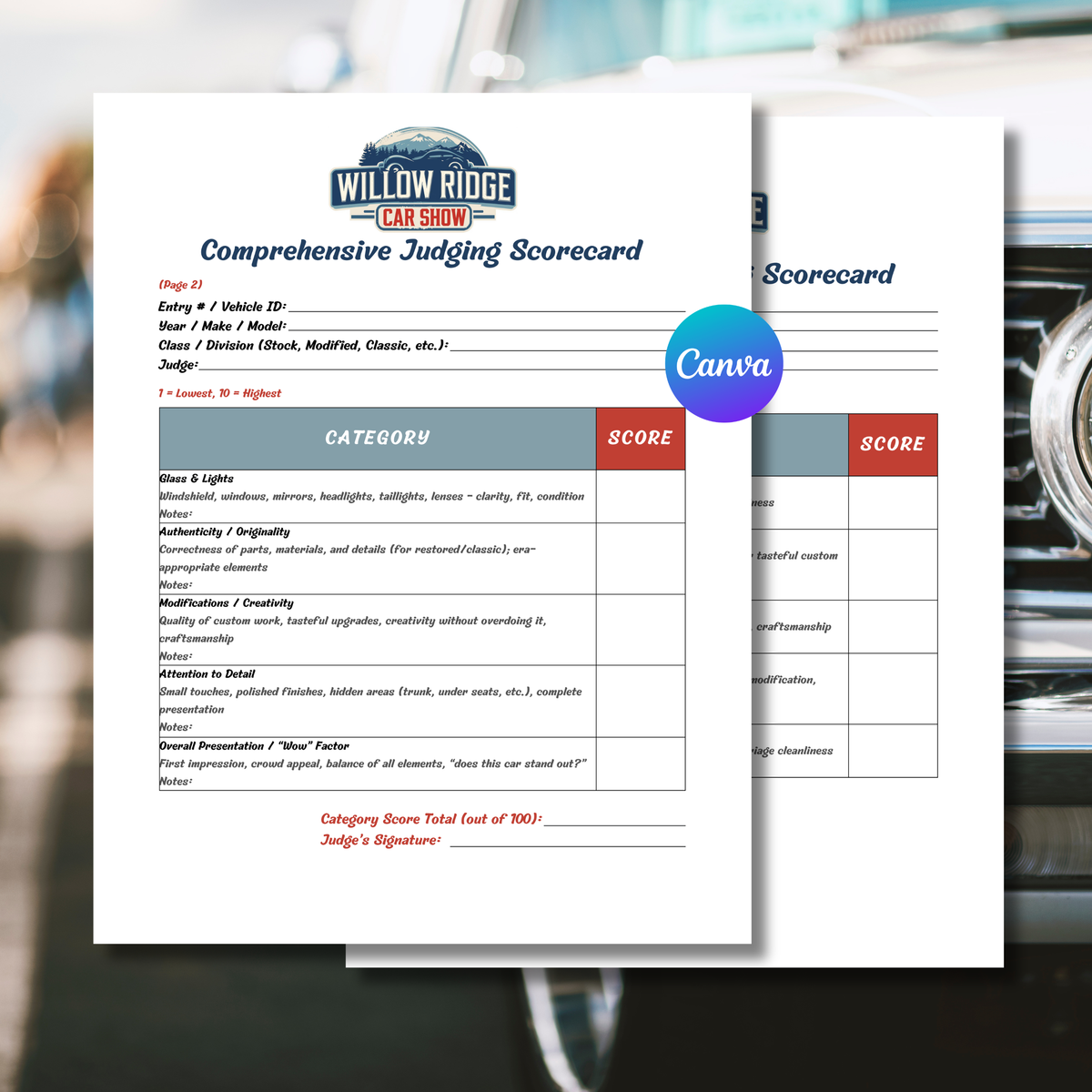 Your actual 10-category judging sheet, with a small “Edit in Canva • Print at Home” note.
