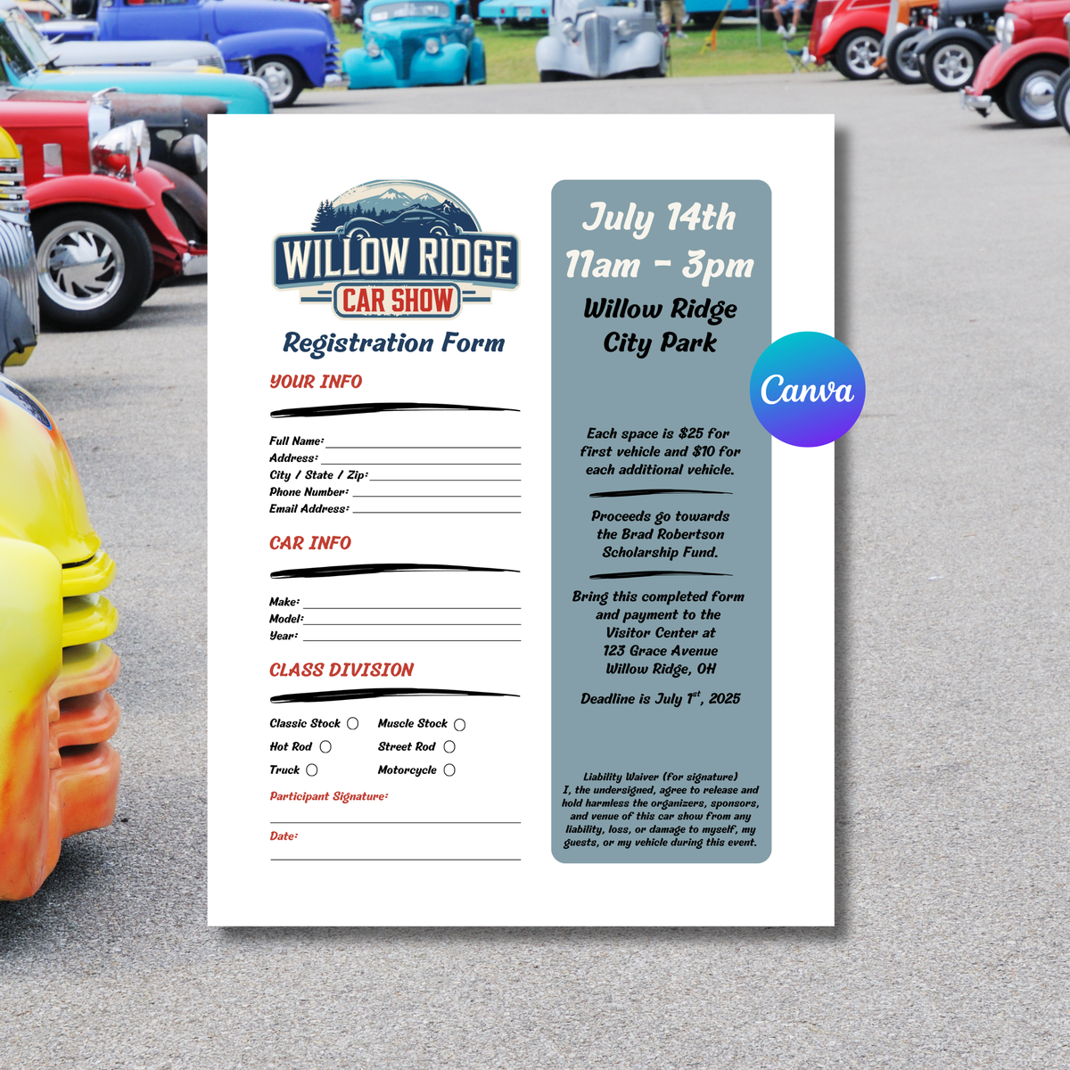 Car Show Registration Form Template | Editable & Printable Entry Form