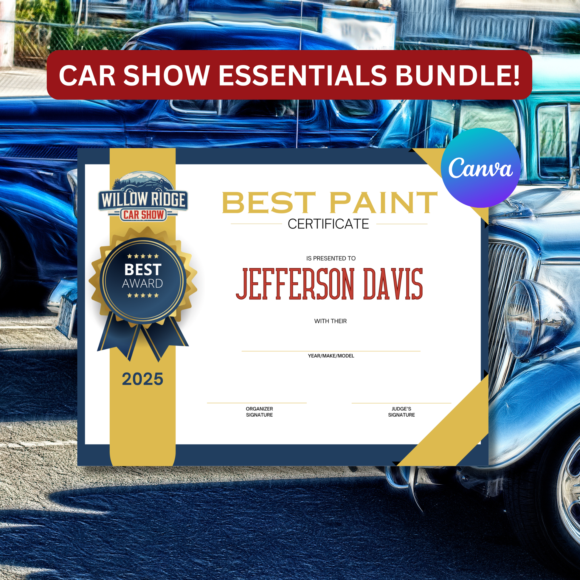 Car show essentials bundle with a certificate for best paint award in front of vintage cars.