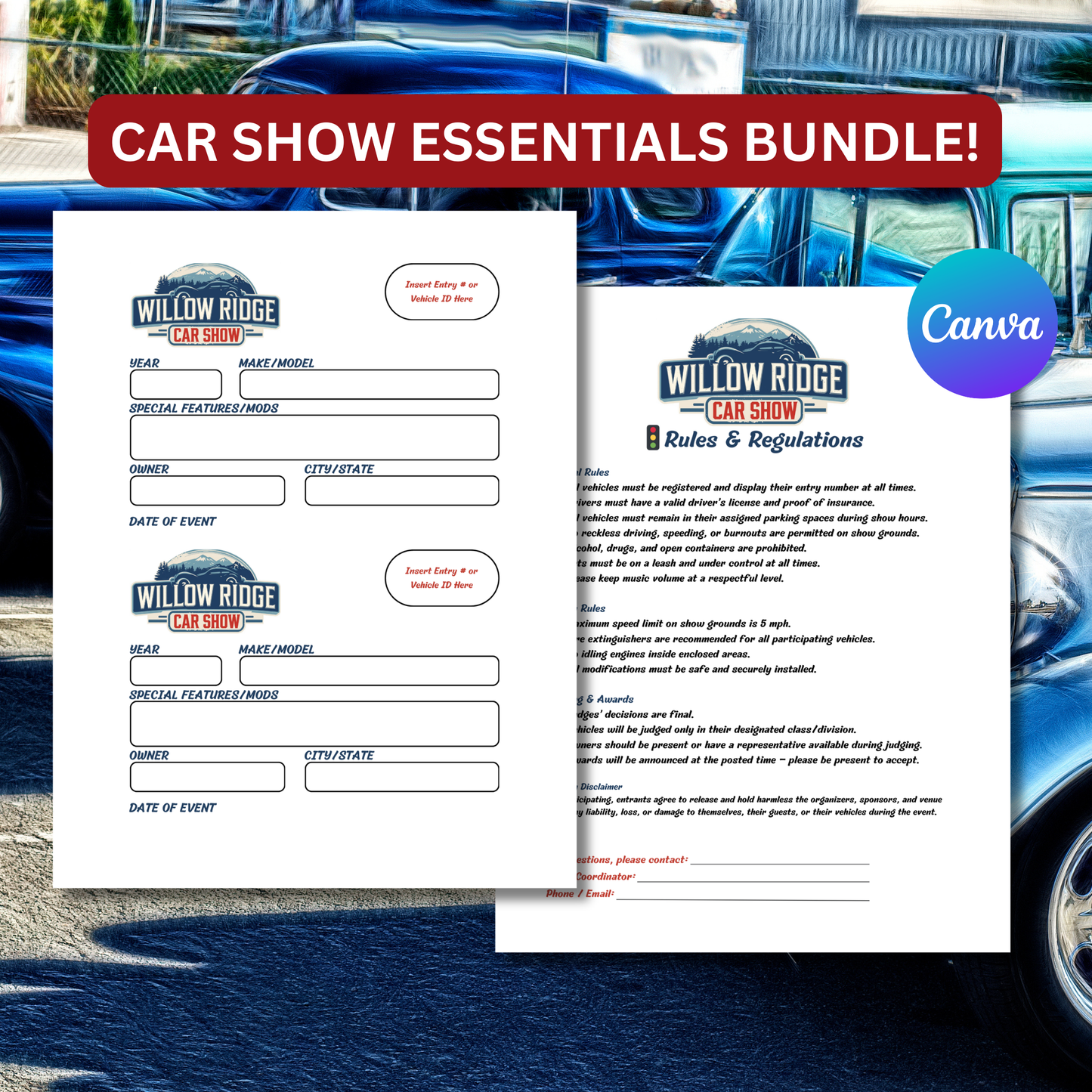 Car show event registration forms with 'Willow Ridge Car Show' branding on a car show background.
