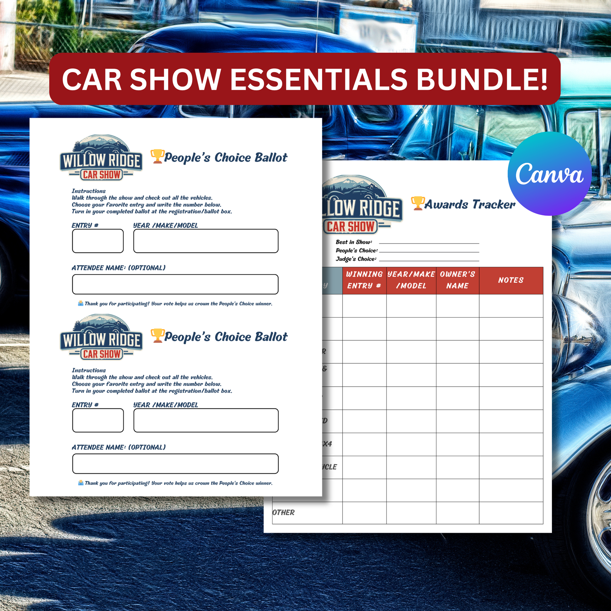 Car show event forms with 'Willow Ridge Car Show' branding on a car show-themed background.