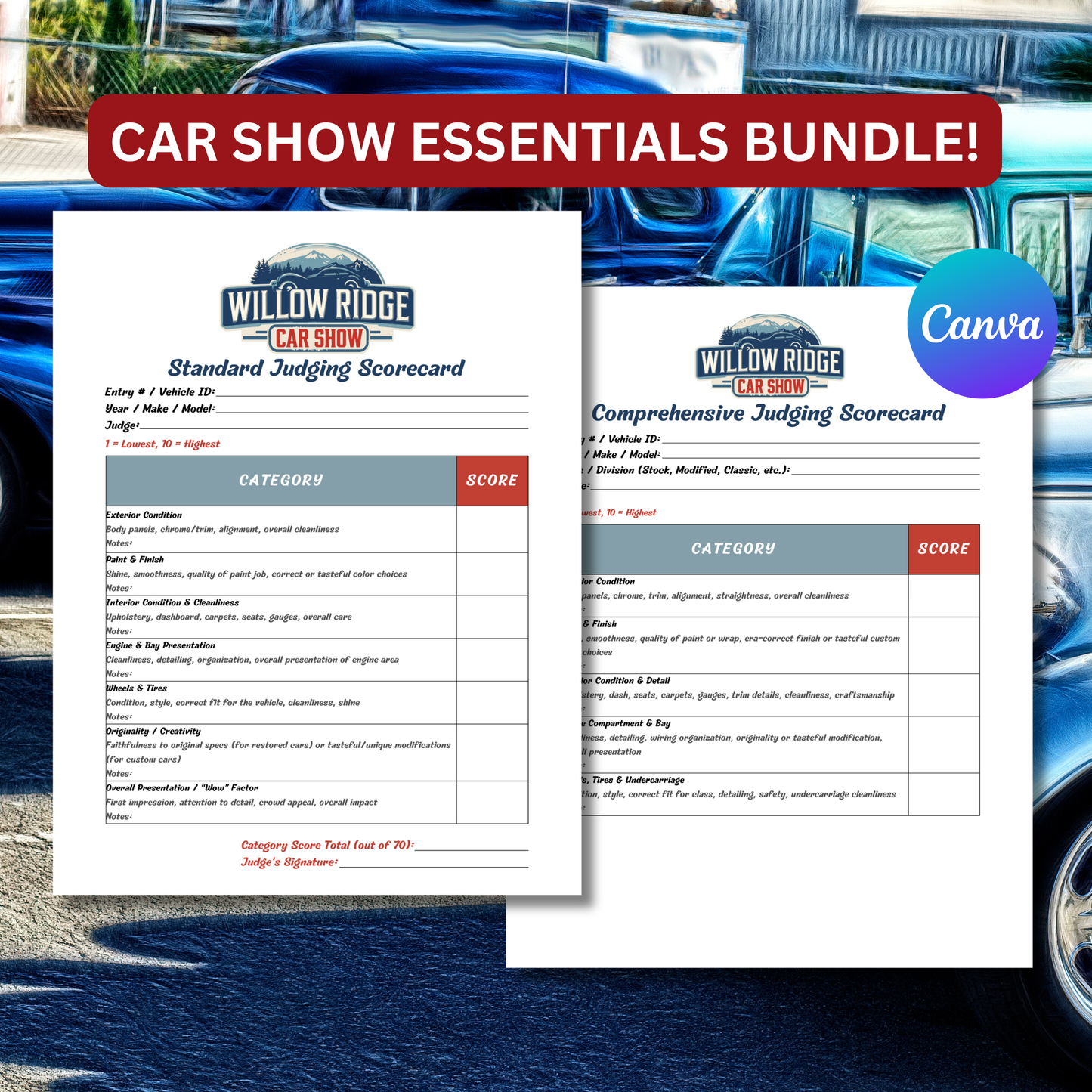 Car show judging scorecards with 'Willow Ridge Car Show' branding on a car show background.
