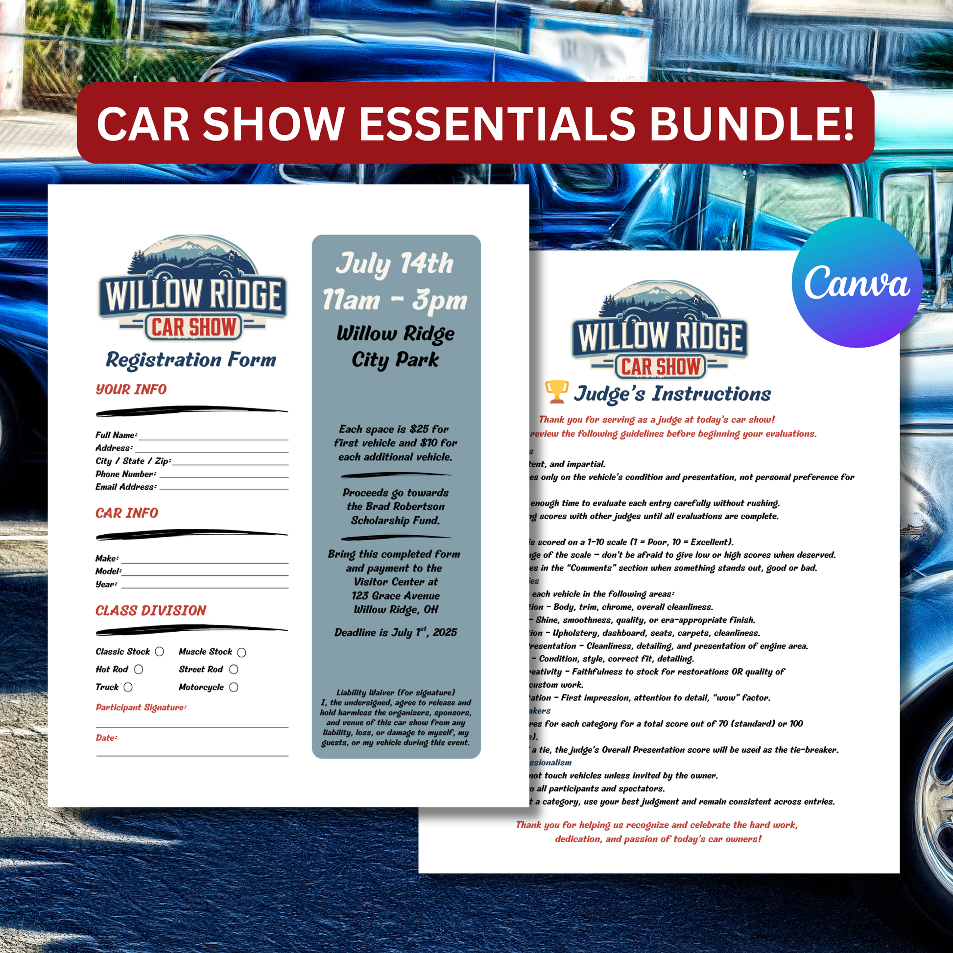 Car show registration form and judge's instructions with Willow Ridge Car Show branding.