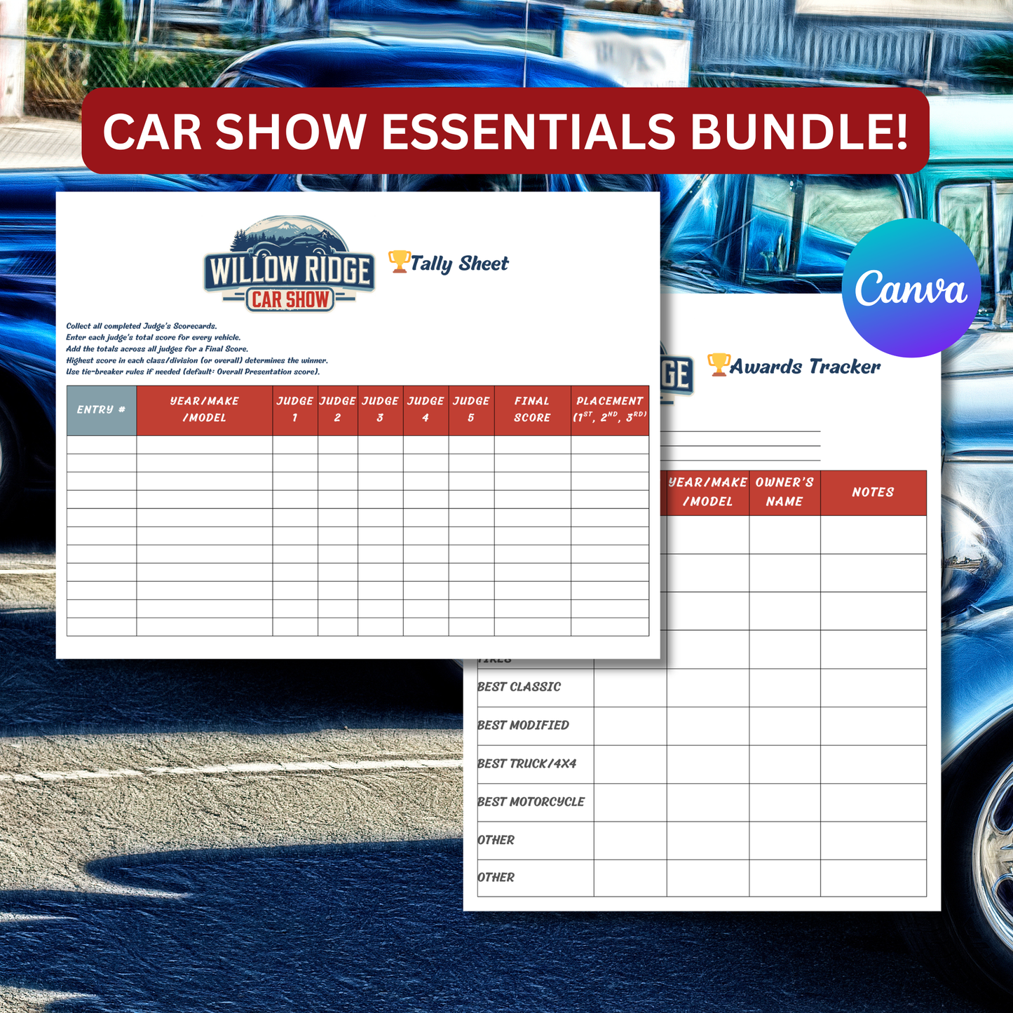 Car show tally sheet and awards tracker with a car show theme on a Canva branded background.