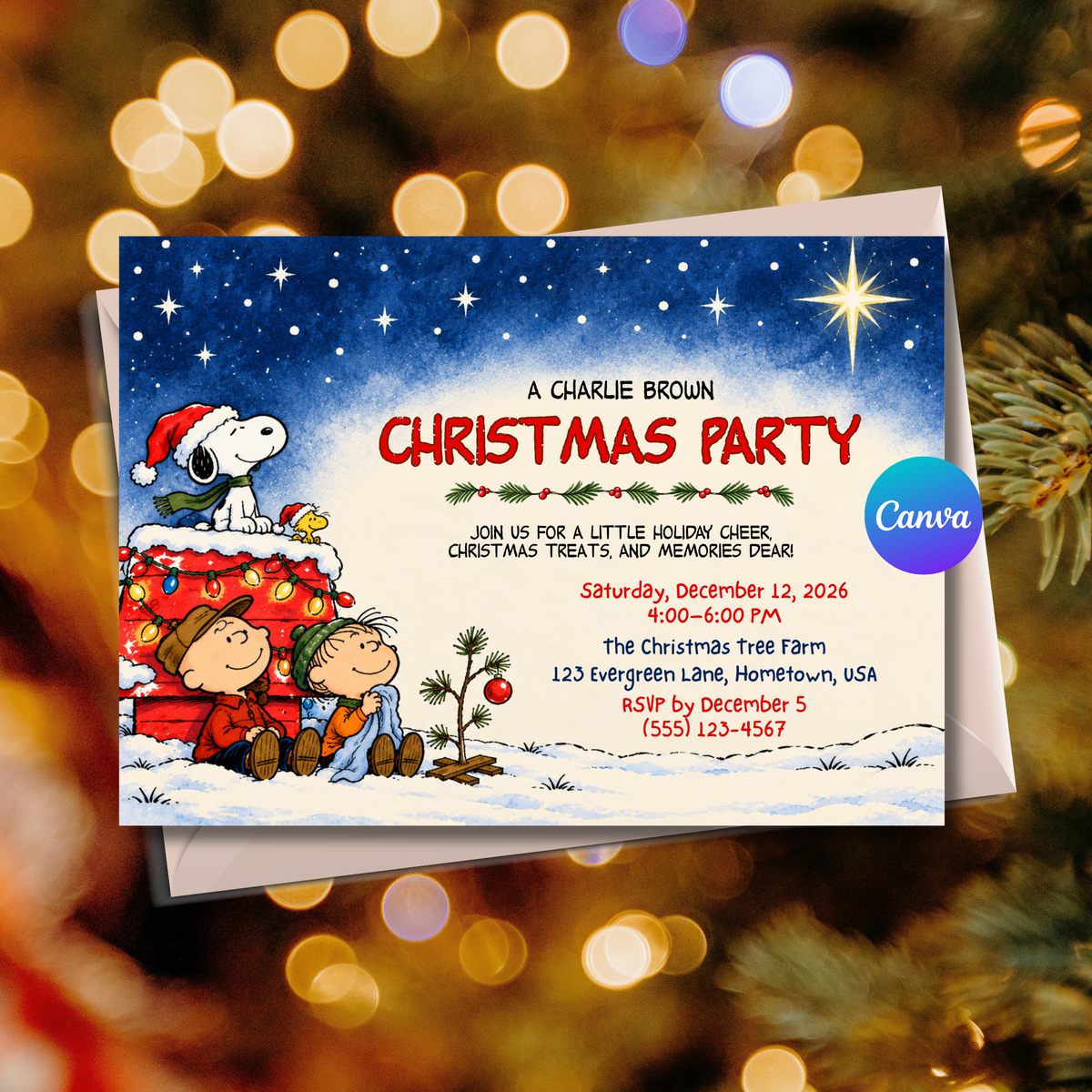 Charlie Brown Christmas Party Invitation | Editable Canva Holiday Invite