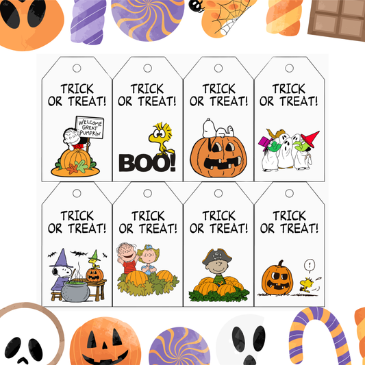 Charlie Brown Halloween Gift Tags Printable | Peanuts Style Trick or Treat Tags | Editable Canva Tags 8 Per Page Instant Download