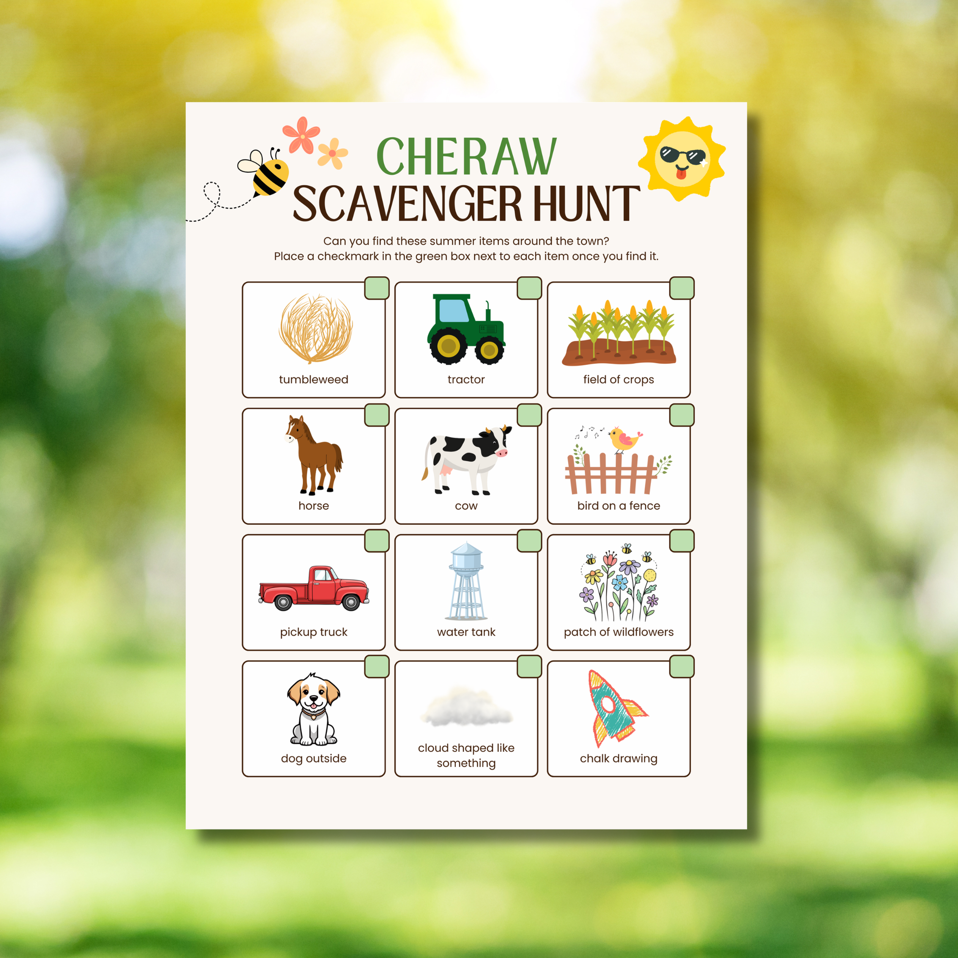 Scavenger hunt sheet for children with illustrations and text on a blurred natural background